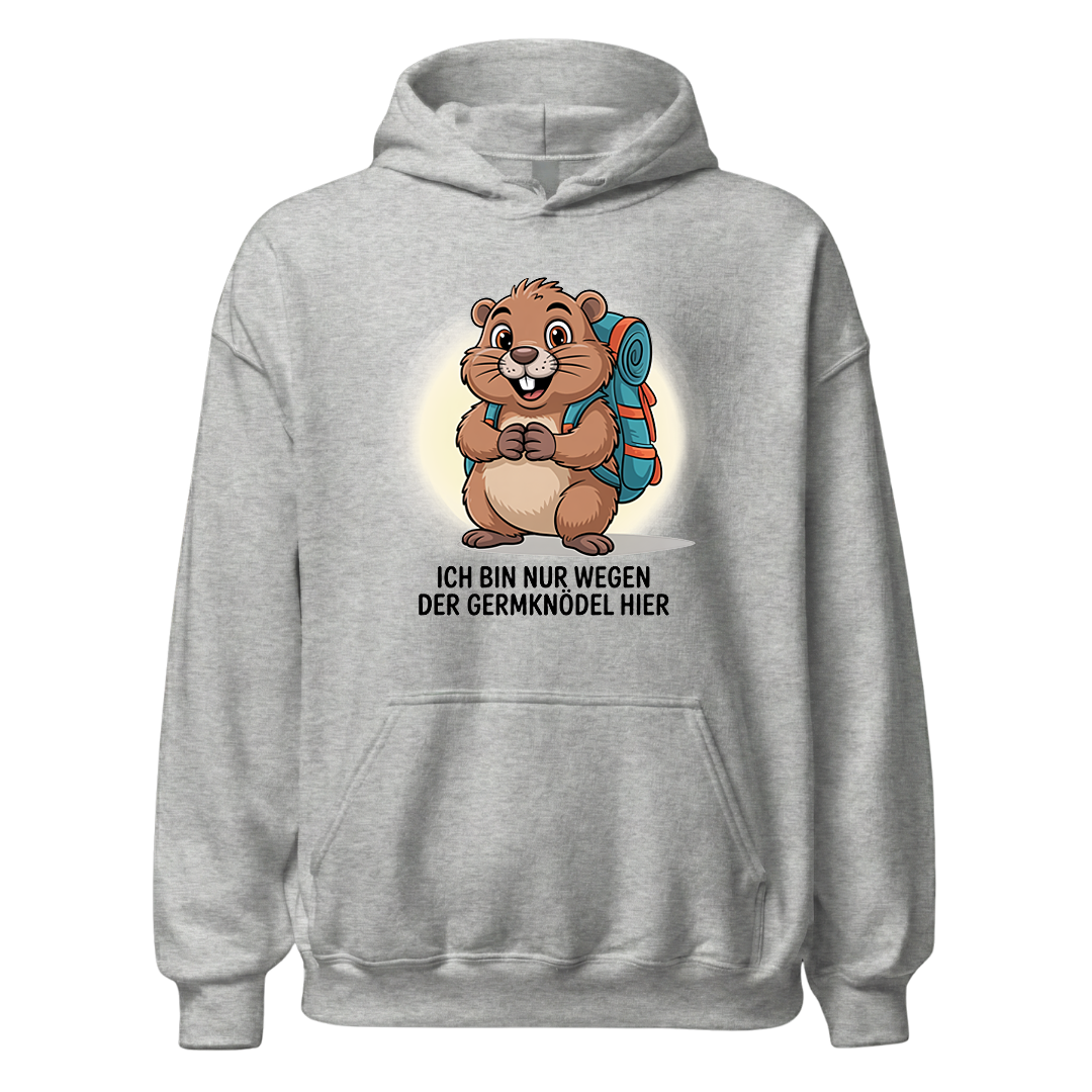 Wegen der Germknödel Hoodie Unisex mit Hütten-Spruch, Farbvariante