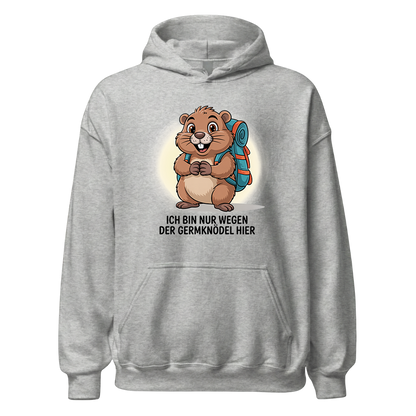 Wegen der Germknödel Hoodie Unisex mit Hütten-Spruch, Farbvariante