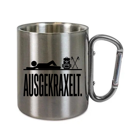 Karabinertasse Ausgekraxelt aus Edelstahl mit Karabinergriff vor weißem Hintergrund