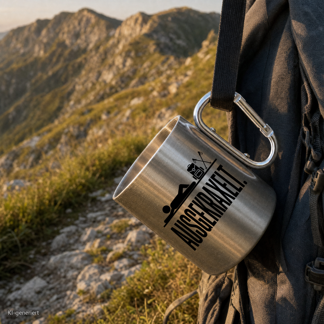 Edelstahlbecher Ausgekraxelt hängt mit Karabiner am Wanderrucksack