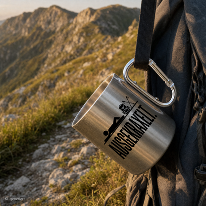 Edelstahlbecher Ausgekraxelt hängt mit Karabiner am Wanderrucksack