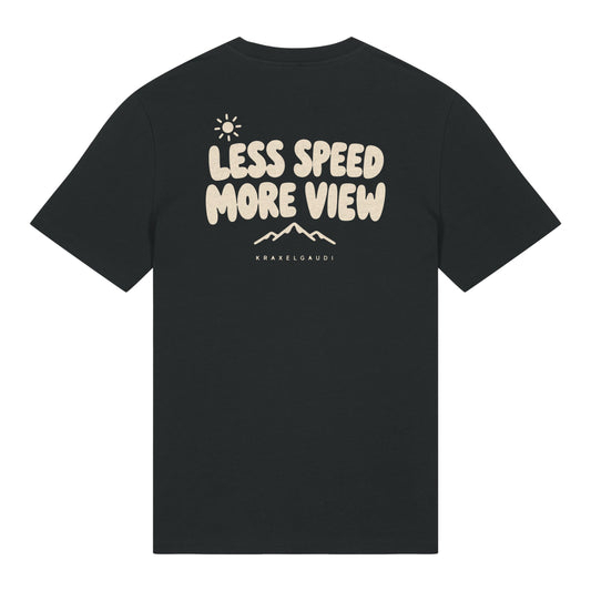 Less Speed More View T-Shirt in Schwarz, Rückenansicht mit Rückendruck
