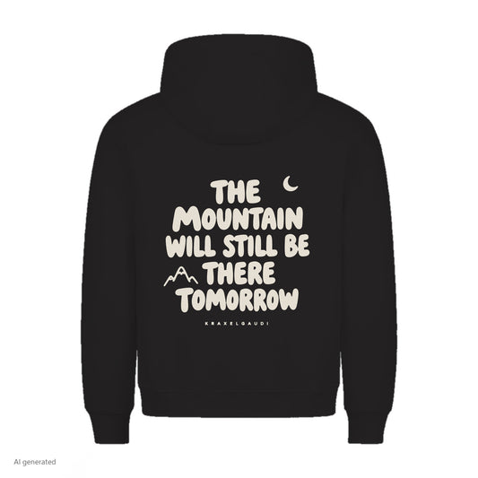 The Mountain Will Still Be There Hoodie in Schwarz, Rückenansicht mit Rückendruck, KI-generiert