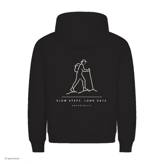 Slow Steps Long Days Hoodie in Schwarz, Rückenansicht mit Rückendruck, KI-generiert