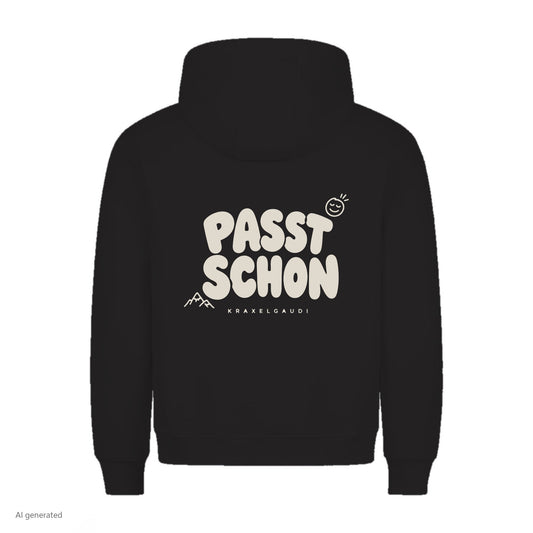 Passt schon Hoodie in Schwarz, Rückenansicht mit Rückendruck, KI-generiert