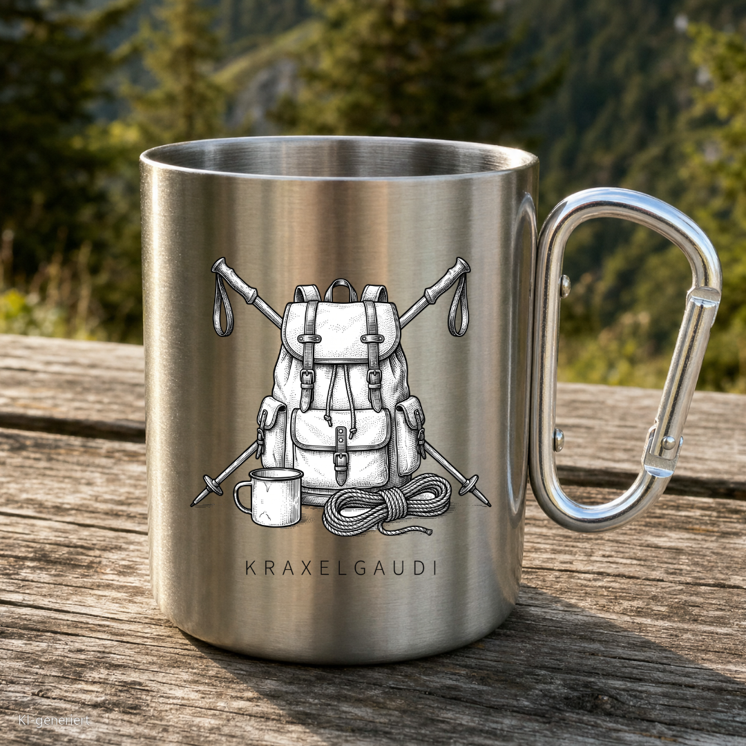 Karabinertasse von Kraxelgaudi mit Bergausrüstung als Zeichnung steht auf Holz vor Bergkulisse
