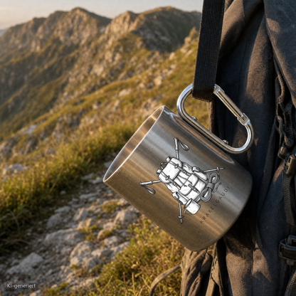 Edelstahlbecher mit Bergausrüstung Motiv hängt mit Karabiner am Wanderrucksack