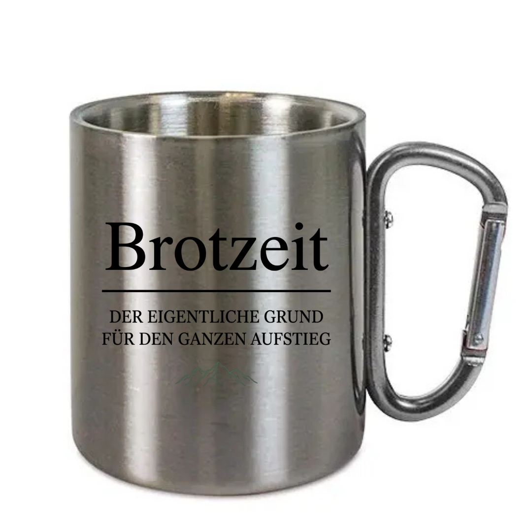 Karabinertasse Brotzeit aus Edelstahl mit Karabinergriff vor weißem Hintergrund