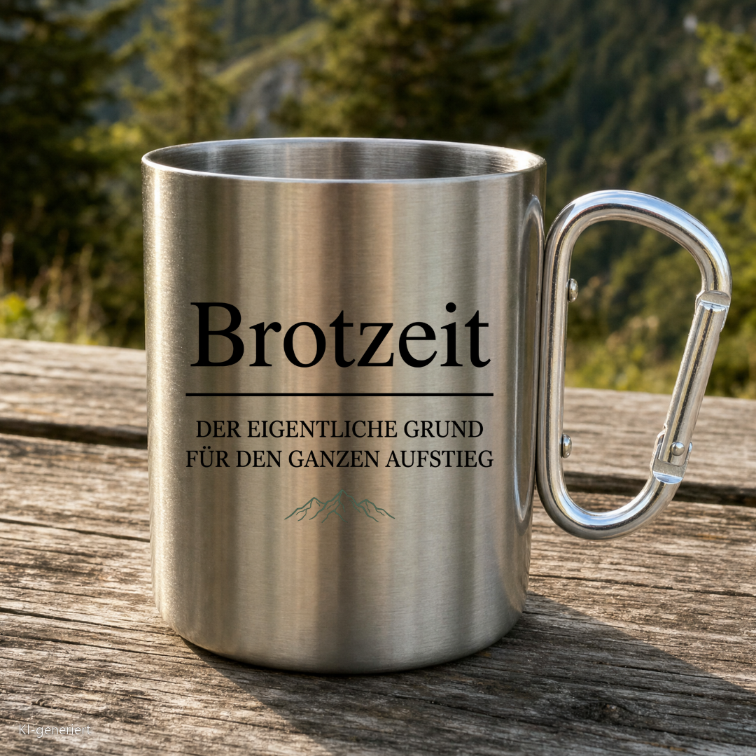 Karabinertasse von Kraxelgaudi mit Brotzeit Motiv steht auf Holz vor Bergkulisse