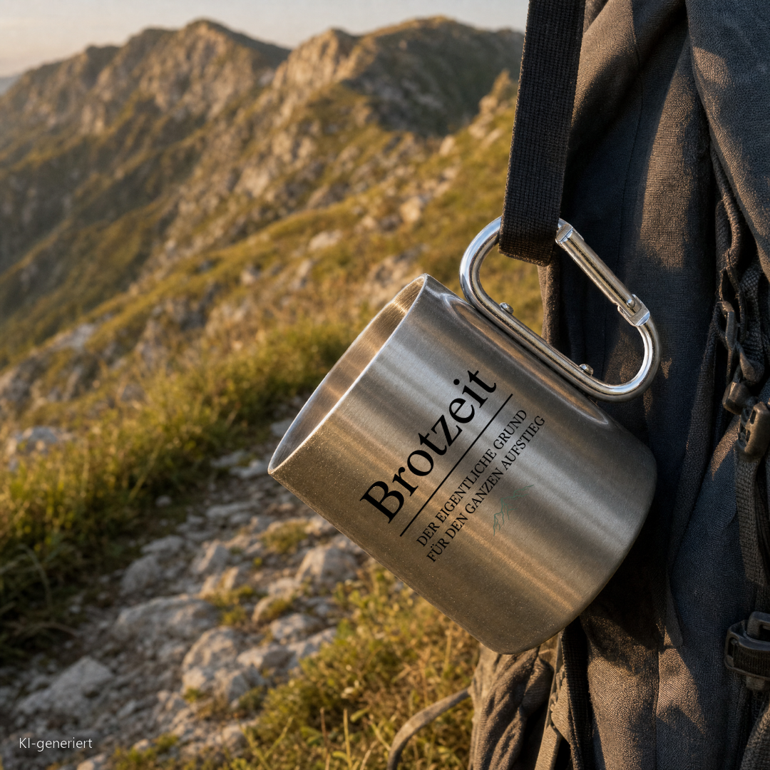 Edelstahlbecher Brotzeit hängt mit Karabiner am Wanderrucksack