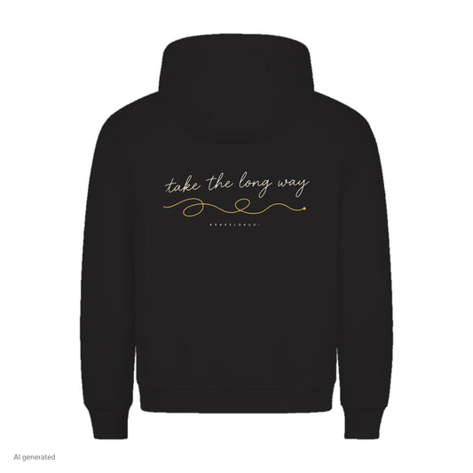 Take the Long Way Hoodie in Schwarz, Rückenansicht mit Rückendruck, KI-generiert