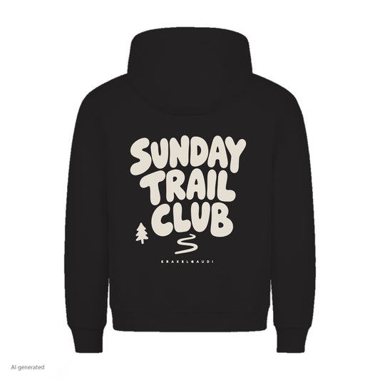Sunday Trail Club Hoodie in Schwarz, Rückenansicht mit Rückendruck, KI-generiert