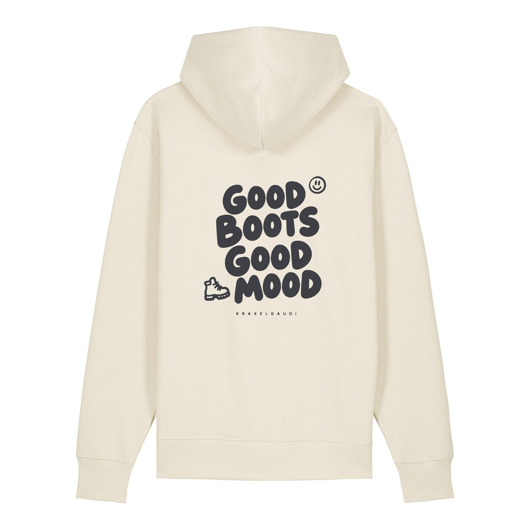 Good Boots Good Mood Hoodie Beige, Rückendruck