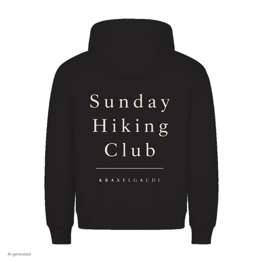 Sunday Hiking Club Hoodie in Schwarz, Rückenansicht mit Rückendruck, KI-generiert