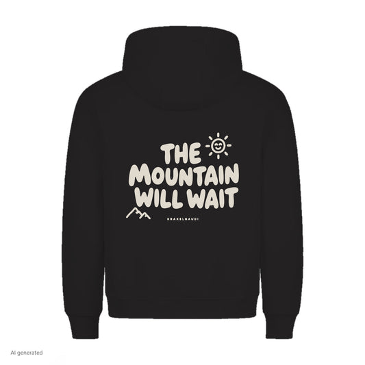 The Mountain Will Wait Hoodie in Schwarz, Rückenansicht mit Rückendruck, KI-generiert
