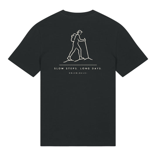 Slow Steps Long Days T-Shirt in Schwarz, Rückenansicht mit Rückendruck