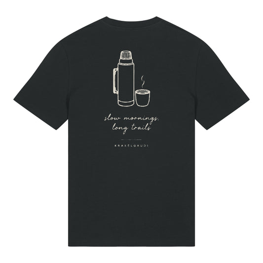 Slow Mornings Long Trails T-Shirt in Schwarz, Rückenansicht mit Rückendruck