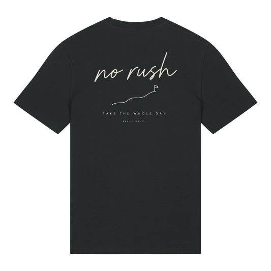 No Rush T-Shirt in Schwarz, Rückenansicht mit Rückendruck
