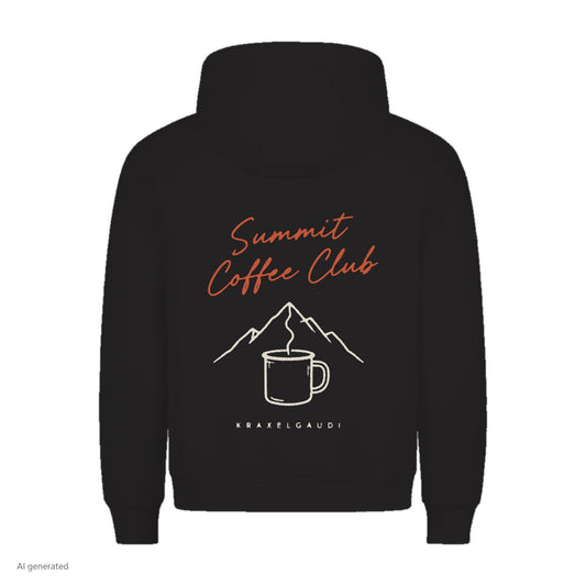 Summit Coffee Club Hoodie in Schwarz, Rückenansicht mit Rückendruck, KI-generiert