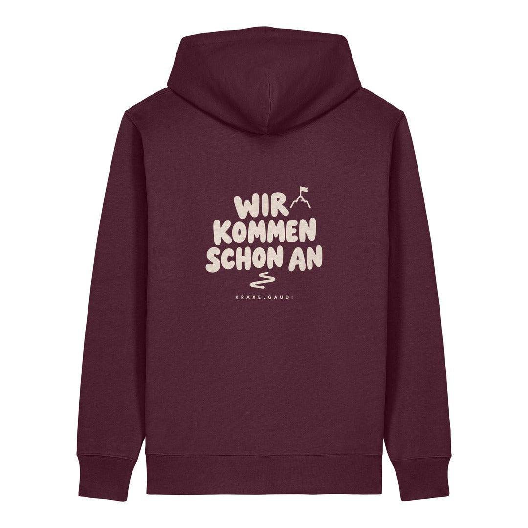 Wir kommen schon an Hoodie Burgunder, Rückendruck