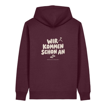 Wir kommen schon an Hoodie Burgunder, Rückendruck