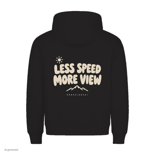 Less Speed More View Hoodie in Schwarz, Rückenansicht mit Rückendruck, KI-generiert