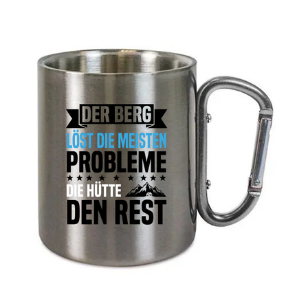 Karabinertasse Der Berg löst die meisten Probleme aus Edelstahl mit Karabinergriff vor weißem Hintergrund