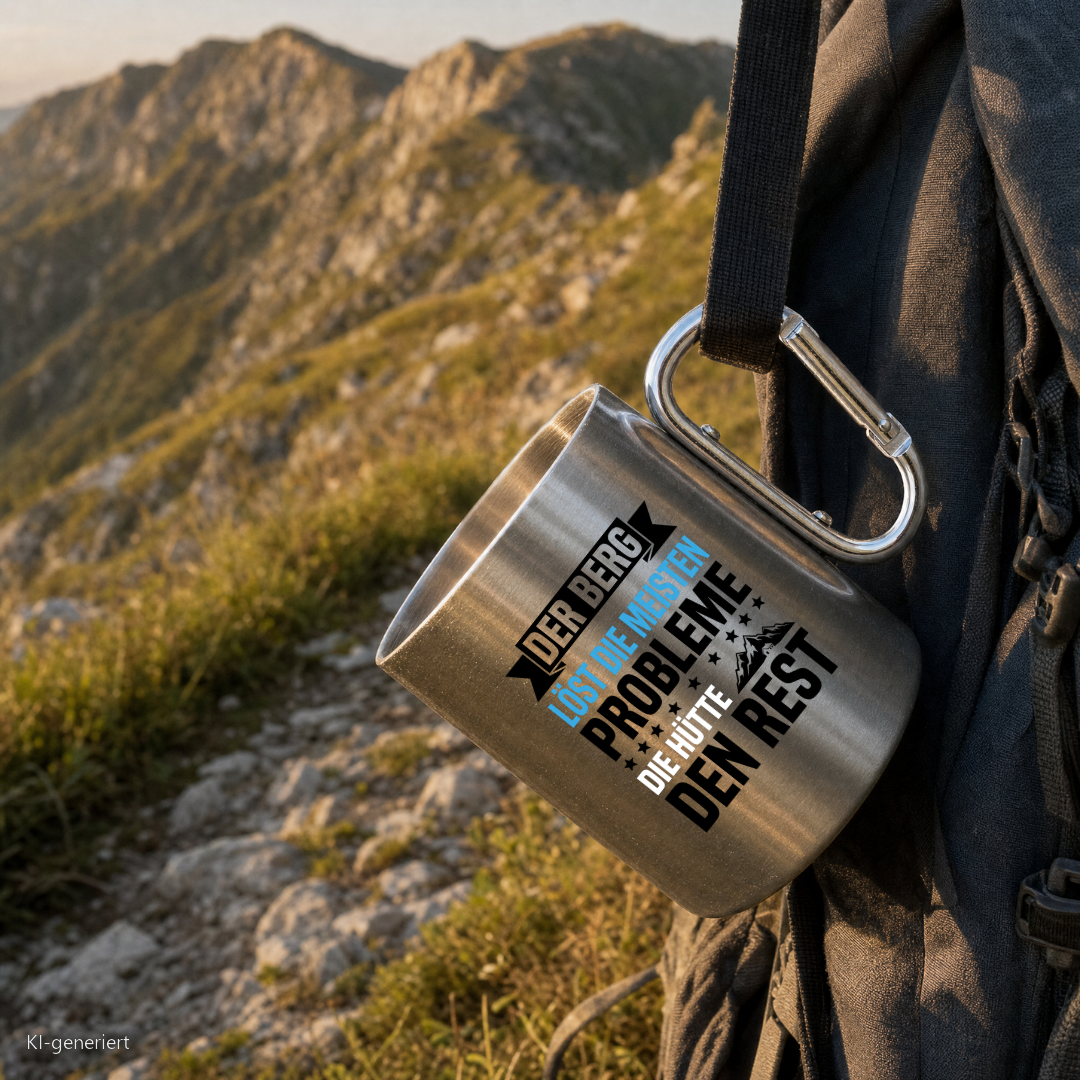 Edelstahlbecher Der Berg löst die meisten Probleme hängt mit Karabiner am Wanderrucksack