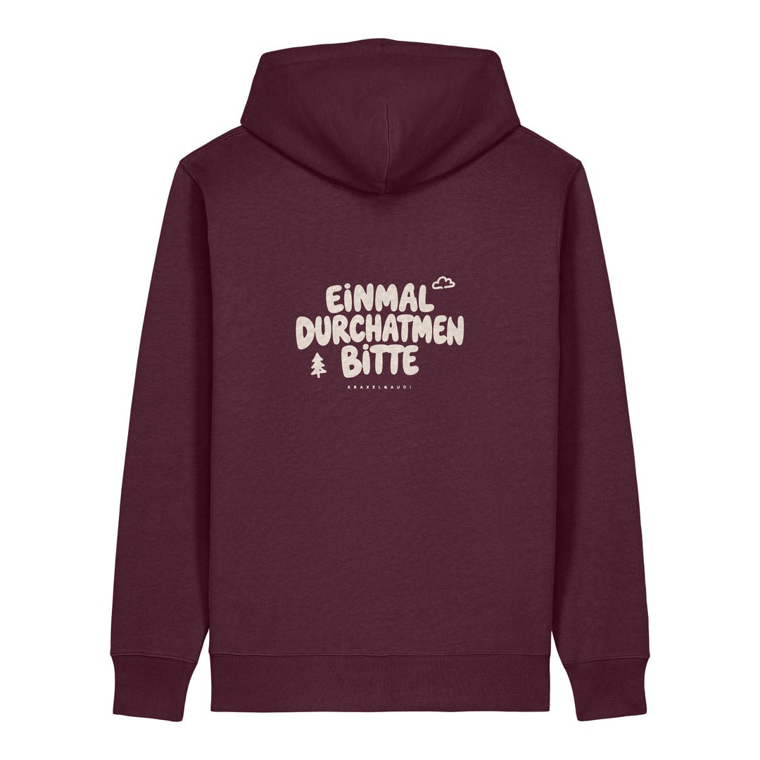 Einmal durchatmen bitte Hoodie Burgunder, Rückendruck
