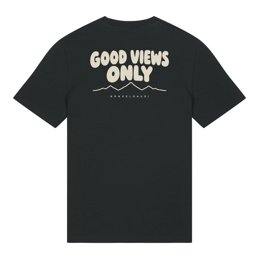 Good Views Only T-Shirt in Schwarz, Rückenansicht mit Rückendruck