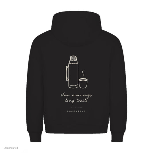 Slow Mornings Long Trails Hoodie in Schwarz, Rückenansicht mit Rückendruck, KI-generiert