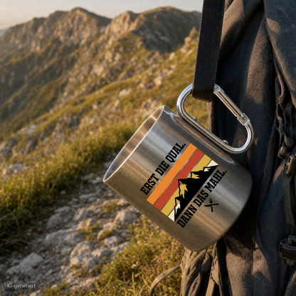 Edelstahlbecher Erst die Qual dann das Mahl hängt mit Karabiner am Wanderrucksack