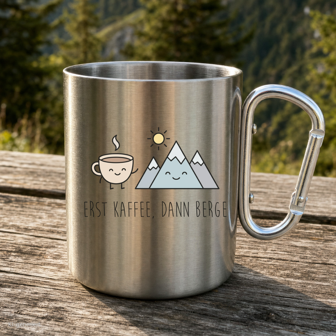 Karabinertasse von Kraxelgaudi mit Spruch Erst Kaffee dann Berge steht auf Holz vor Bergkulisse