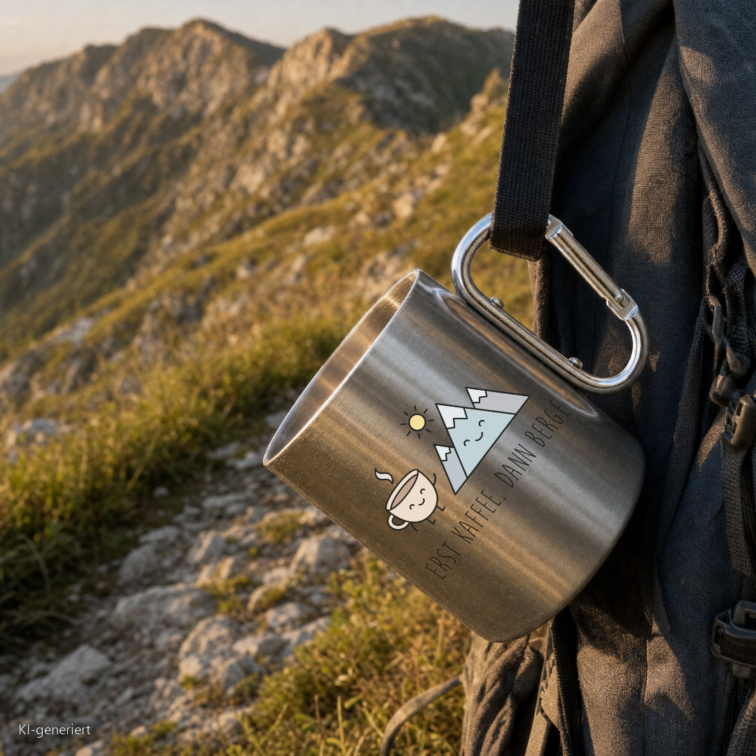 Edelstahlbecher Erst Kaffee dann Berge hängt mit Karabiner am Wanderrucksack