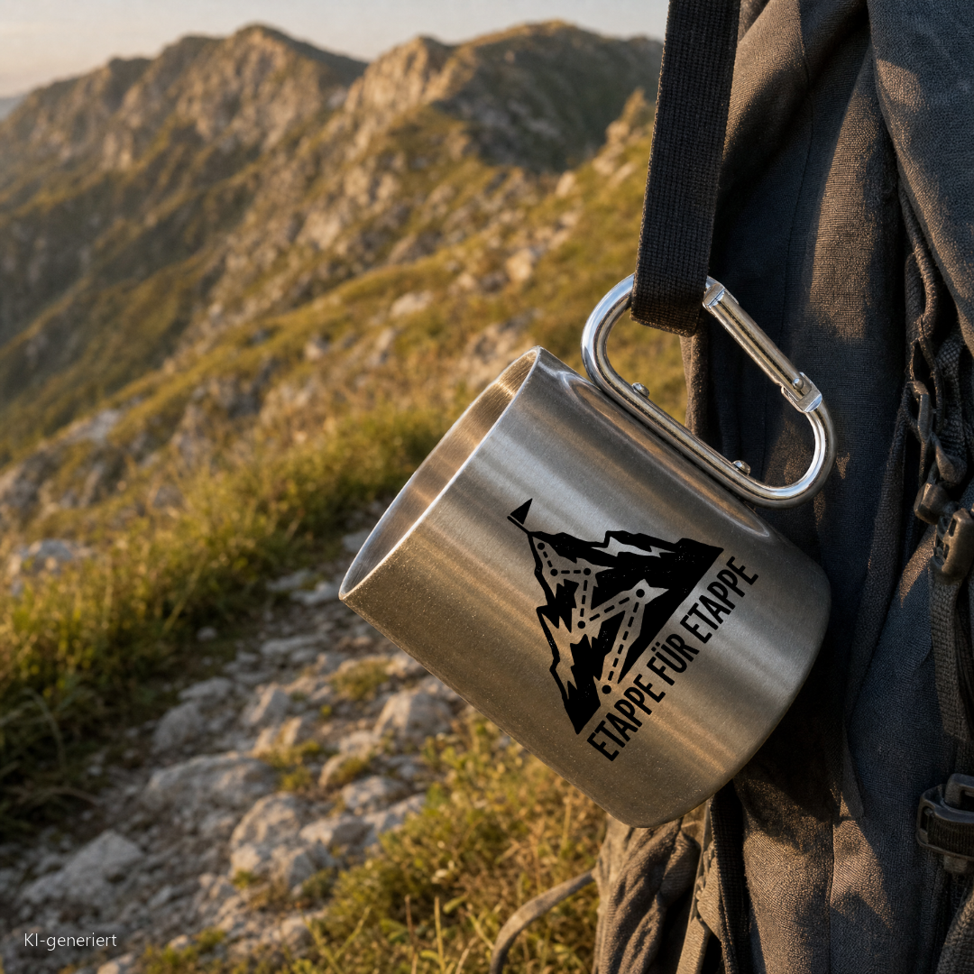 Edelstahlbecher Etappe für Etappe hängt mit Karabiner am Wanderrucksack