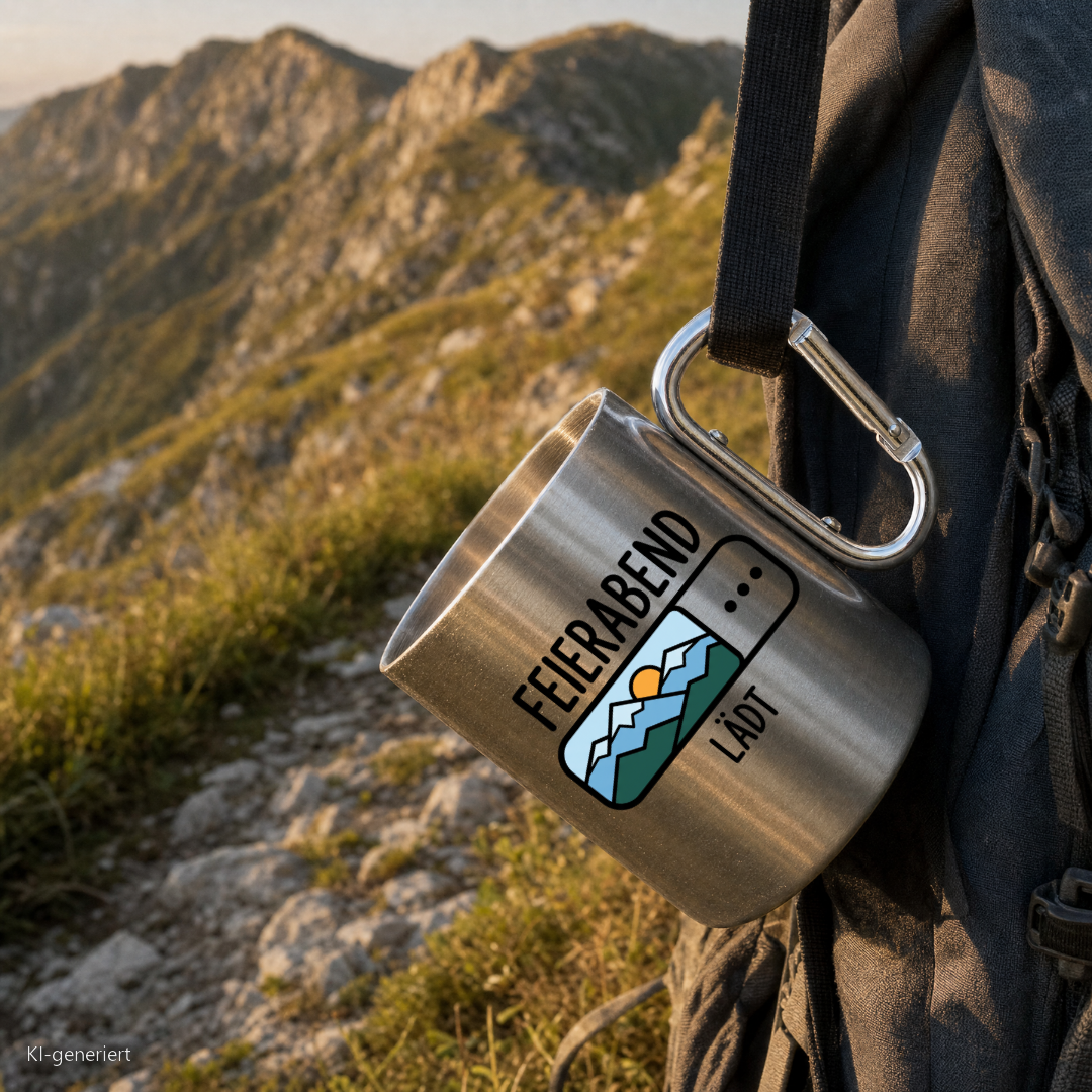 Edelstahlbecher Feierabend lädt hängt mit Karabiner am Wanderrucksack
