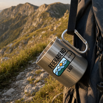 Edelstahlbecher Feierabend lädt hängt mit Karabiner am Wanderrucksack