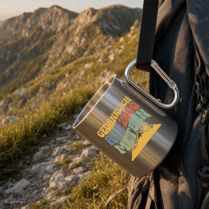Edelstahlbecher Gedanklich auf 2000 Metern hängt mit Karabiner am Wanderrucksack