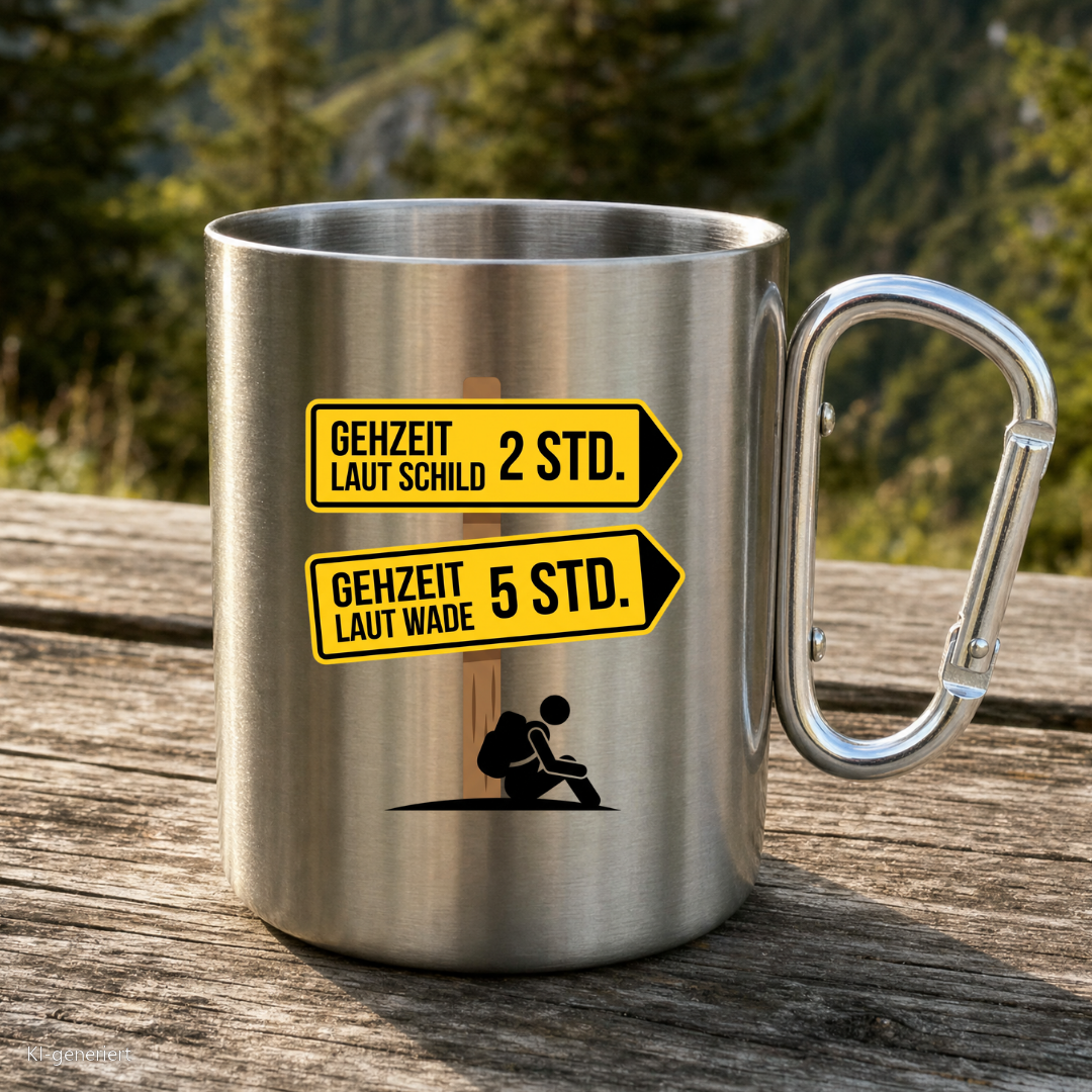 Karabinertasse von Kraxelgaudi mit Wegweiser Gehzeit laut Wade steht auf Holz vor Bergkulisse