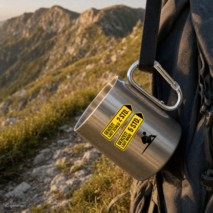 Edelstahlbecher Gehzeit laut Wade hängt mit Karabiner am Wanderrucksack
