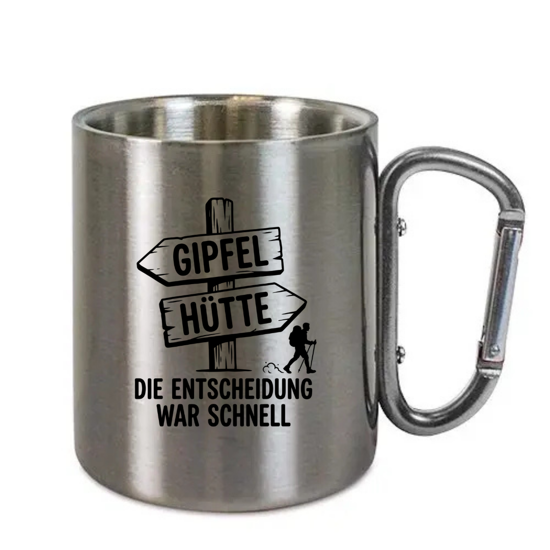 Karabinertasse Gipfel oder Hütte aus Edelstahl mit Karabinergriff vor weißem Hintergrund