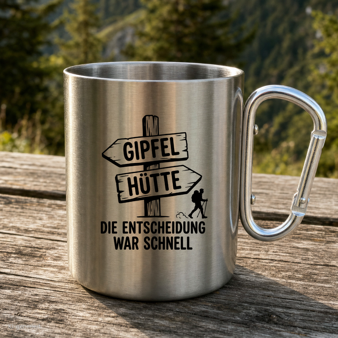 Karabinertasse von Kraxelgaudi mit Wegweiser Gipfel oder Hütte steht auf Holz vor Bergkulisse