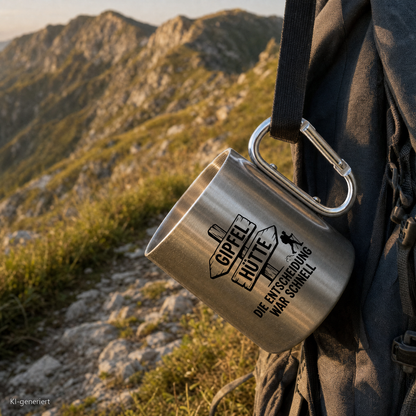 Edelstahlbecher Gipfel oder Hütte hängt mit Karabiner am Wanderrucksack