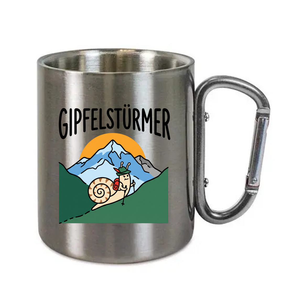 Karabinertasse Gipfelstürmer aus Edelstahl mit Karabinergriff vor weißem Hintergrund