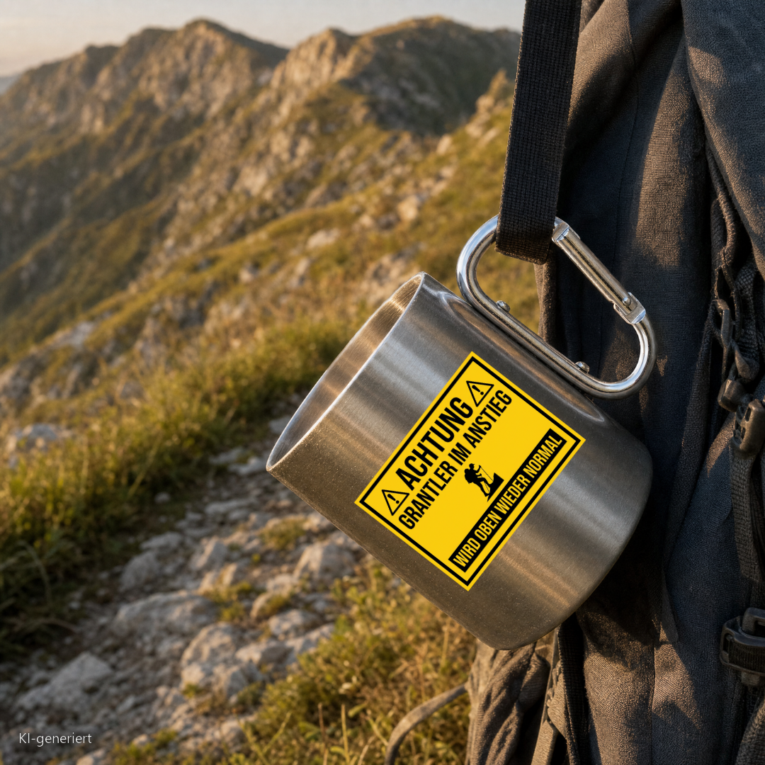 Edelstahlbecher Grantler im Anstieg hängt mit Karabiner am Wanderrucksack
