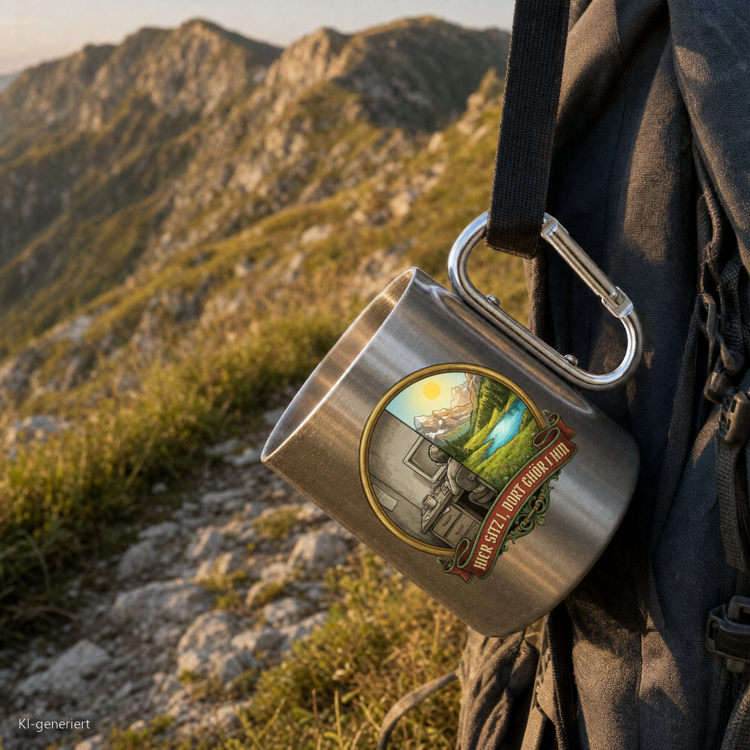 Edelstahlbecher Hier sitz i dort ghör i hin hängt mit Karabiner am Wanderrucksack