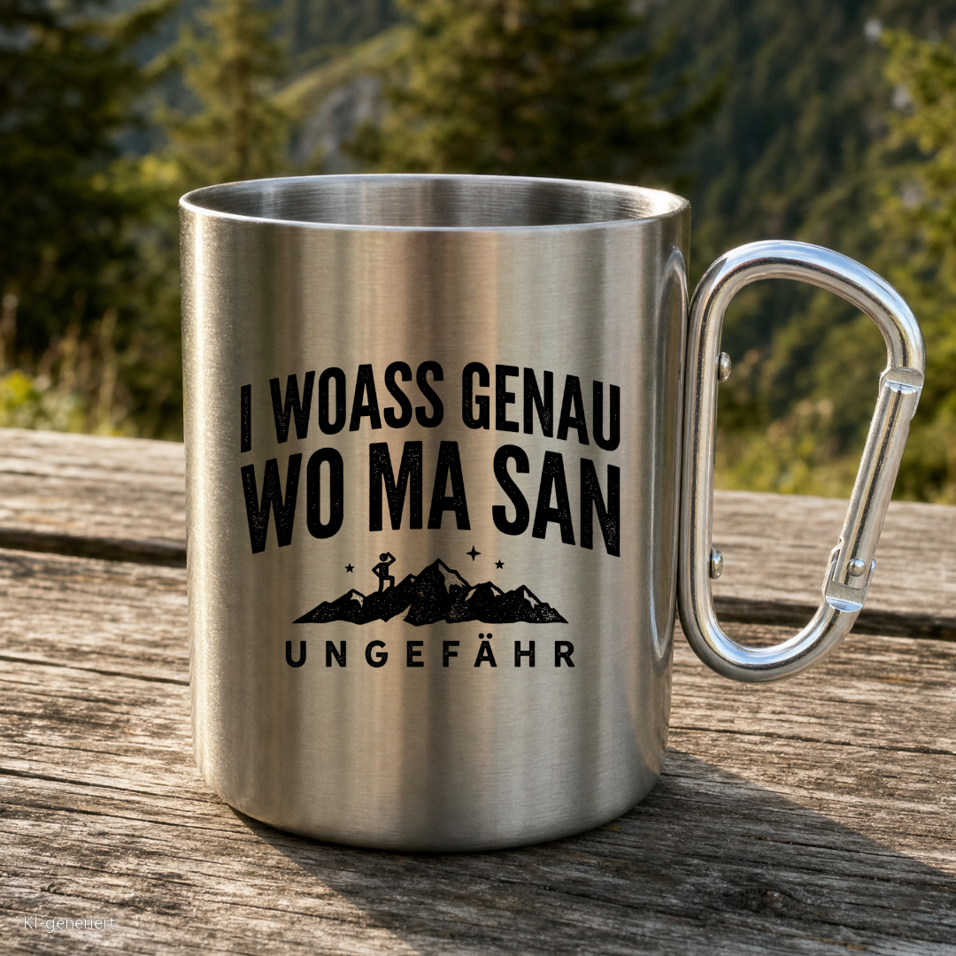 Karabinertasse von Kraxelgaudi mit Spruch I woass genau wo ma san steht auf Holz vor Bergkulisse