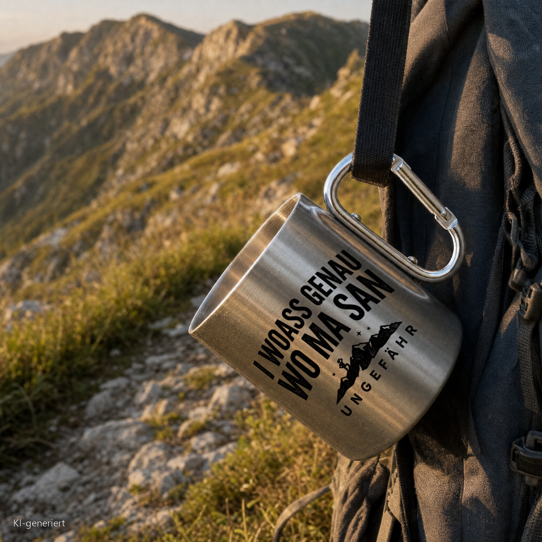 Edelstahlbecher I woass genau wo ma san hängt mit Karabiner am Wanderrucksack