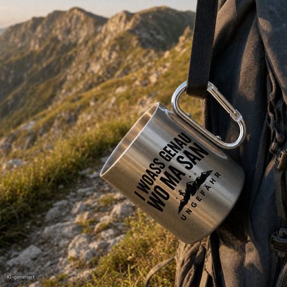 Edelstahlbecher I woass genau wo ma san hängt mit Karabiner am Wanderrucksack