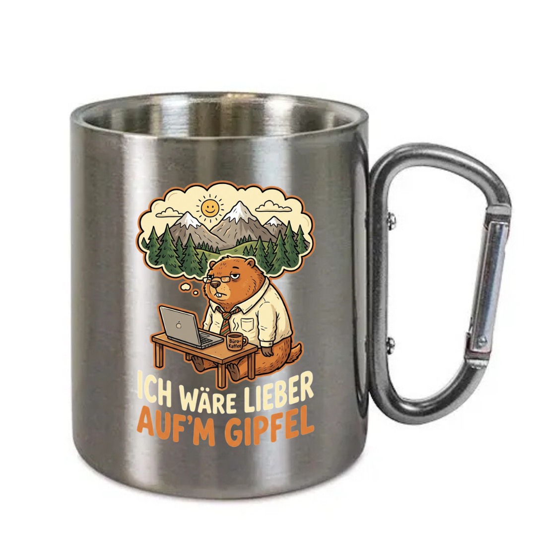 Karabinertasse Ich wäre lieber aufm Gipfel aus Edelstahl mit Karabinergriff vor weißem Hintergrund